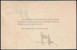 1932 József főherceg (1872-1962) 60. születésnapja alkalmából küldött köszönő kártyája, aláírásával