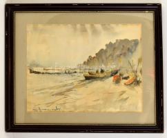 Olvashatatlan jelzéssel: Csónakok a parton. Akvarell, papír, üvegezett keretben, 43×55 cm
