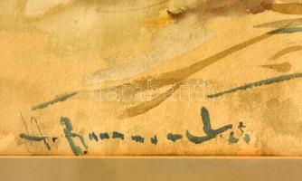 Olvashatatlan jelzéssel: Csónakok a parton. Akvarell, papír, üvegezett keretben, 43×55 cm