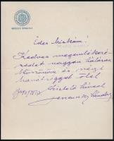 1929 Jeszenszky Sándor (1873-1947) politikus köszönőlevele Pekár Mihály (1871-1942) orvos részére, M. Kir. Vallás- és Közoktatásügyi Minisztérium - Művészeti Osztály fejléces papíron