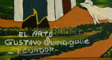 Gustavo Quiindigalle (?-): Ecuadori életkép. Olaj, bőr, jelzett, 13×18 cm