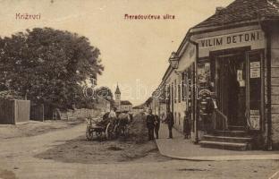 Kőrös, Krizevac, Krizevci; Preradoviceva ulica / utcakép, Vilim Detoni üzlete. W. L. Bp. 1569. / street view, shop (EB)