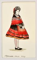 Eichinger Lili (?-): Népviseletbe öltözött leány. Akvarell-tus, papír, jelzés nélkül, 19×11 cm