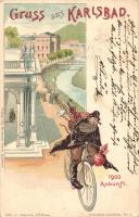 1898 Gruss aus Karlsbad! 1900 Ankunft / Czech Jewish man on bicycle in Karlovy Vary. Judaica. Verlag von Hermann Jacob. Lith. G. Schwaab No. 3. Art Nouveau litho (EB)