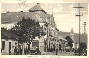 Nagyszőlős, Vynohradiv, Sevlus (Sevljus); Verbovecká ulica / Verbőczy utca, Róth Bazár, üzletek, automobil, autóbusz, templom / street view, bazaar, shops, automobile, autobus (EK)