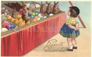 4 db RÉGI húsvéti grafikai üdvözlőlap / 4 pre-1945 Easter greeting graphic art postcards