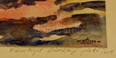 Sostarics Lajos (1896-1968): Városliget, Széchenyi fürdő 1950, akvarell, papír, jelzett, kartonra ra...