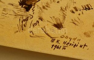 Sostarics Lajos (1896-1968): Óbuda, Hévízi út, tus, papír, jelzett, kartonra ragasztva, 28×22 cm