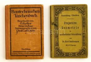 2 db német nyelvű régi műszaki könyv: Doehlemann: Projective Geometrie (1898) Bautechnisches Taschenbuch. Kissé kopott vászonkötésben