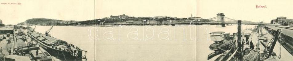 1898 Budapest, 3-részes kihajtható panorámalap. Királyi vár, Lánchíd, MFTR. 415. és DDSG. uszályok a rakparton