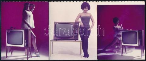 cca 1970 TV-reklám hölgyekkel, 3 db fotó, 9×11 cm