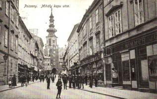 Pozsony, Pressburg, Bratislava; Mihály kapu utca, Wimmer üzlete / street view with shops (EK)