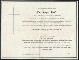 1977 Dr. Kopp Jenő (1900-1977): művészettörténész,(0 részt vett a Fővárosi Képtár alapításában,majd annak vezetője (1935-1948),) halálozási értesítője.