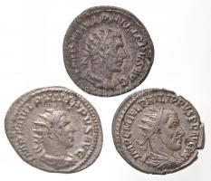 Római Birodalom / Antiokheia / I. Philippus 244. Antoninianus Ag (3,66g) + Róma 244-249. Antoninianus Ag (3,51g) + Antoninianus Ag (3,15g) T:2,2- Roman Empire / Antioch / Philip I 244. Antoninianus Ag IMP C M IVL PHILIPPVS P F AVG P M / SPES FELI-CITATIS ORBIS (3,66g) + Rome 244-249. Antoninianus Ag IMP M IVL PHILIPPVS AVG / VICTORIA AVGG (3,51g) + Antoninianus Ag IMP M IVL PHILIPPVS AVG / ANNONA AVGG (3,15g) C:XF,VF RIC IV 70; 51; 28c.