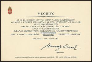 1940 XII. kerületi Böszörményi út 23-25. sz. alatti polgármesteri hivatali székházépület átadó ünnepségének meghívó kártyája, Budapest címerével, nyomtatott aláírással.