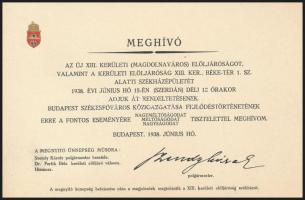 1938 XIII. kerületi Béke tér 1. sz. alatti polgármesteri hivatali székházépület átadó ünnepségének meghívó kártyája, Budapest címerével, nyomtatott aláírással.