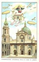 Loreto, Congregazione Universale della S. Casa di Loreto / basilica with airships and aircrafts. litho  (EB)