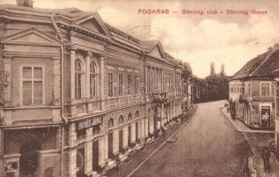 Fogaras, Fagaras; Sterzing utca, Novák János üzlete / Gasse / street view with shop + 1911 Nagyszeben-Kiskapus vasúti pecsét / railway stamp