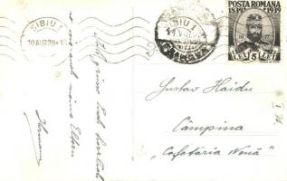 1939 Nagyszeben, Hermannstadt, Sibiu; Mária királyné út, Transsylvania szálló, villamos, bank, üzlet...