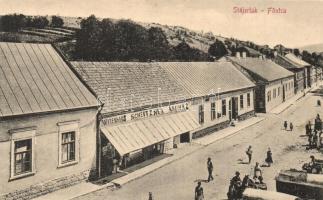Stájerlak, Staier, Steierdorf; Fő utca, piac, Schneitzer áruháza és kiadása / main street, shop, market