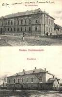 Püspökladány, Községháza, Kir. Járásbíróság. Tariczky E. kiadása + Püspökladány-Miskolc vonat pecsét