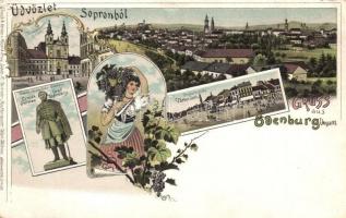 Sopron, Domonkos templom, Várkerület, Gróf Széchenyi István szobor, hölgy szőlővel. Regel & Krug No. 1021. floral Art Nouveau litho (EB)