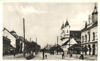 Galánta, Fő utca, templom, bank / main street with bank and church