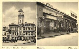 Komárom, Komárno; városháza, Klapka szobor, Nádor utca, Szalay üzlete / town hall, statue, street, shop (ázott sarok / wet corner)