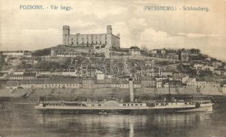 Pozsony, Pressburg, Bratislava; Várhegy, Hildegarde lapátkerekes gőzhajó / Schlossberg / castle, steamship