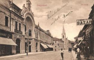 Nagyvárad, Oradea; Fő utca, Korona és fillér bazár, Barta fogorvos, cukrászda, Déry Endre üzlete, fodrász / main street with shops, dentist, confectionery, hairdresser