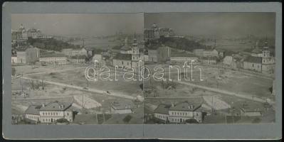1936 Budapest, látkép a Gellért-hegyről a bontás alatt lévő Tabánra, sztereokép, 9x18 cm