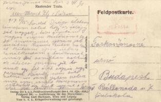 Rastender Train. Verlag der K.u.K. Feldbuchhandlungen des 4. AK. Feldpost 340. / Trén (málhás szeker...