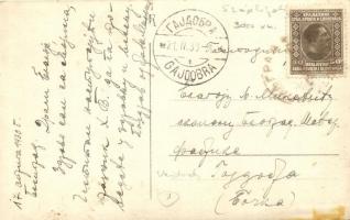 1930 Szépliget, Gajdobra, Schönau; csoportkép legényekkel, papokkal és katonával / group photo with ...