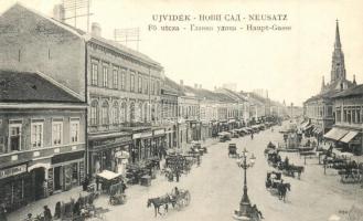 Újvidék, Novi Sad; Fő utca, piac, Singer Varrógép, Momirovits üzlete / main street with market and shops