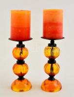 Narancssárga öntött üveg gyertyatartó fém részekkel párban , hibátlan+2 db gyertya, m: 18 cm (2×)