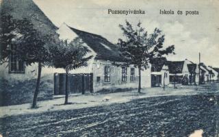 Pozsonyivánka, Iványi, Ivanka pri Dunaji; Iskola és posta. Hangya Szövetkezet kiadása / school and post office (felületi sérülés / surface damage)