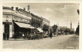 Losonc, Lucenec; Szüsz kávéház, kerékpár, taxi, automobilok, Gansel Gáspár üzlete / café, bicycle, automobiles, shops (EK)