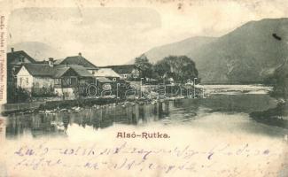 1900 Ruttka, Alsó Rutka, Vrutky; folyópart, házak. Kiadja Sochán P. 35. sz. / riverside, houses (r)