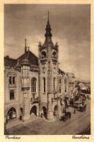 Munkács, Mukacevo, Mukacheve; Városháza, Krausz és Szabó üzlete / town hall, shops, automobiles