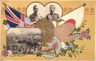 1910 London, In Commemoration of Japan-British Exhibtion, King George V and Mutsuhito (Meiji). So. Stpl, Coat of arms and flags, Emb. floral, Art Nouveau litho (EK)