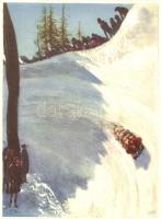 1928 Olympische Winterspiele Sankt Moritz / Winter Olympics / 2nd Olympic Winter Games in St. Moritz. Bobsled race. advertising art postcard, artist signed (glue mark)