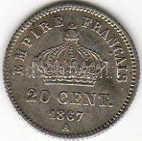 Franciaország 1867 A 20c ezüst III. Napoleon T: kiváló