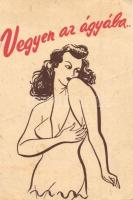 Vegyen az ágyba Pluma paplant! Finoman erotikus kinyitható reklámlap / Hungarian quilt advertisement. Gently erotic folding card s: Bánó (non PC) (EK)