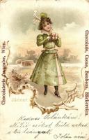 Jänner. Chocolaterie francaise, Wien / Ice skating lady. French Chocolate advertisement card, Art Nouveau, litho
