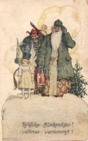 Kellemes Karácsonyt! Verlag der Kriegsfürsorgegruppe des k.u.k. 1. Armeekommandos / Christmas greeting card, Krampus soldier s: E. Kutzer (EM)