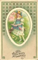 Boldog Húsvéti Ünnepeket! / Easter, girl, Art Nouveau, litho Emb.