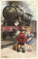 Italian art postcard. Children with locomotive. C.C.M. 2572 s: A. Bertiglia (EB)