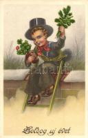 Boldog Új Évet / New Year greeting art postcard with chimney sweeper. EAS 2632.