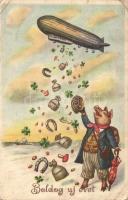 Boldog Új Évet / New Year greeting art postcard with pig gentleman and airship. L&P 2869. (EK)