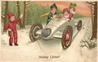 Boldog Új Évet / New Year greeting art postcard with children in automobile. B. Co. B. 4964/2. litho